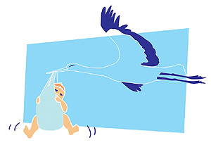 grafika bociana niosącego dziecko