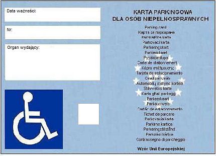 Awers karty parkingowej dla osoby prywatnej. Po lewej: miejsce na datę ważności, numer i organ wydający, a także symbol osoby na wózku. Po prawej: napis 