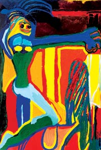 obraz malarski jak z kubizmu - kobieta opierająca nogę o krzesło