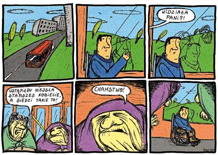 Mężczyzna na wózku w autobusie, fragment komiksu Tomka Pastuszki