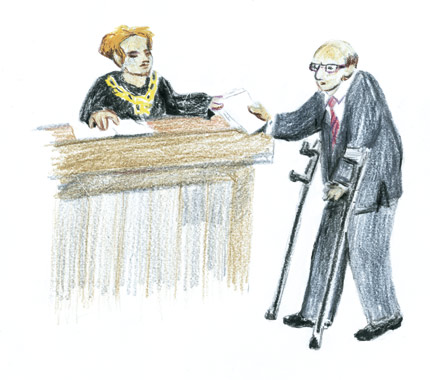 Rozprawa w sądzie. Ilustracja: Katarzyna Pac-Raszewska