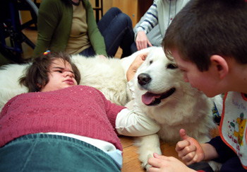 Na zdjęciu: dziewczynka z niepełnosprawnością leży na psie