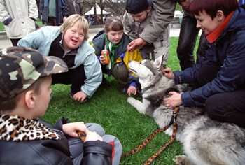 Na zdjęciu: Dogoterapia - pies na trawie, w około dzieci