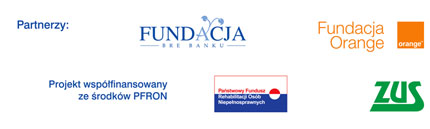 Logotypy partnerów konkursu: Fundacja BRE Banku, Fundacja Orange, PFRON, ZUS