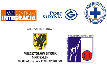 Logotypy: Centrum Integracja, Port Gdynia, WOPR, patroni: marszalek woj. pomorskiego, Zespół Sportowych Szkół Ogólnokształcących w Gdyni